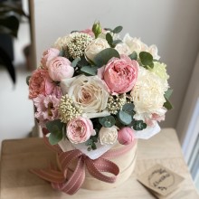 Flowers in box №7 - peony roses, eustoma, carnations, ozotamnus